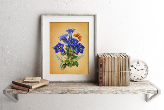 Vintage Flowers and Butterfly Plant Art Print, Vintage Flower Art, Vintage Garden Art, Flower Print, Butterfly Art, Nature Wall Decor