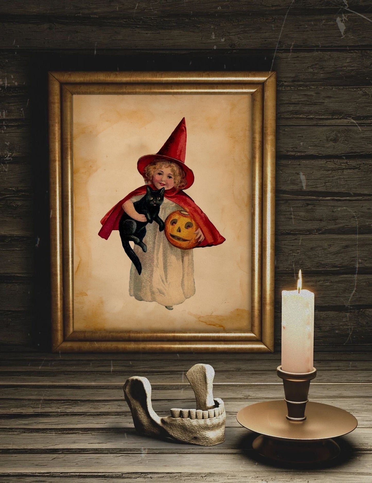 Vintage Halloween Art Print: Witch, Black Cat & Pumpkin Illustration