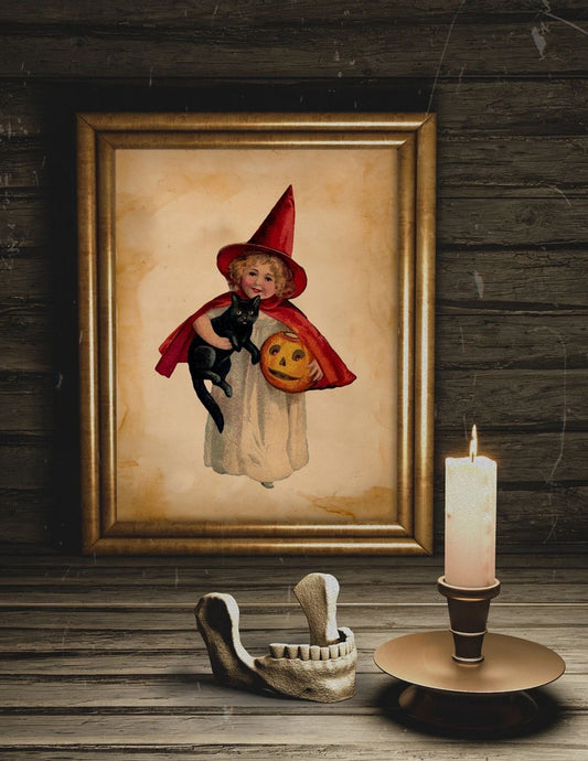 Vintage Halloween Art Print: Witch, Black Cat & Pumpkin Illustration