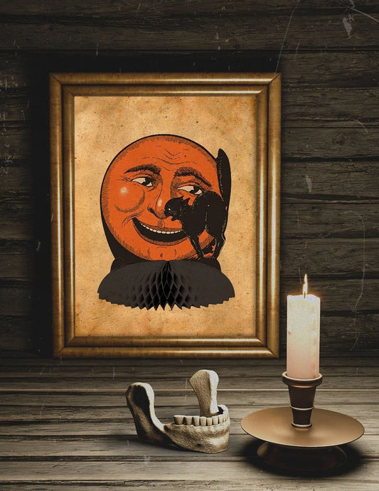 Halloween Vintage Black Cat with the Moon Art Print, Vintage Halloween, Halloween Cat Art, Black Cat, Halloween Vintage Illustration