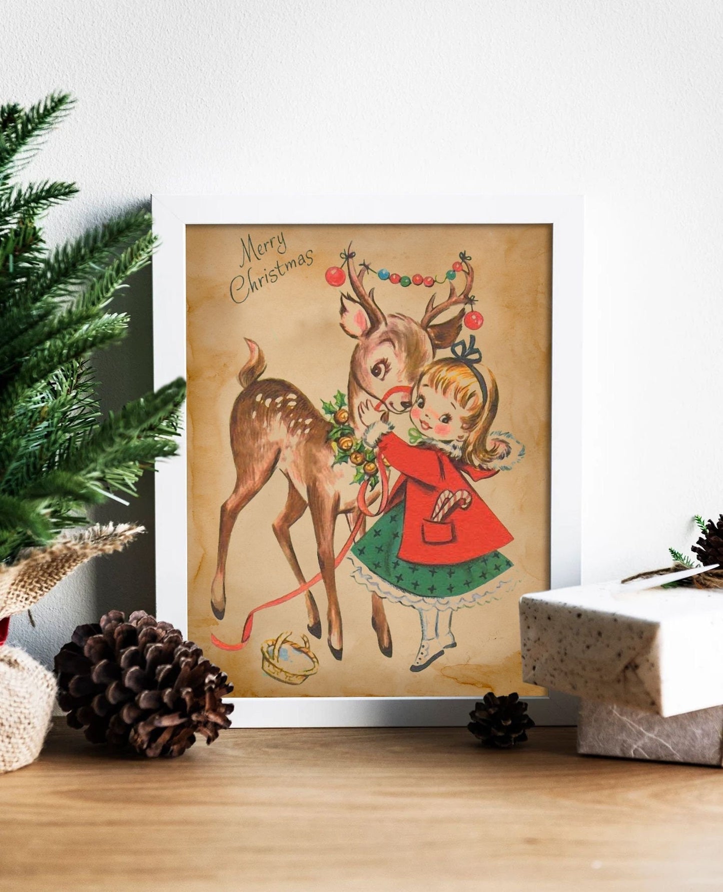 Christmas Vintage Young Girl Hugging a Deer Illustration Art Print, Vintage Christmas, Vintage Christmas Illustration, Christmas Art