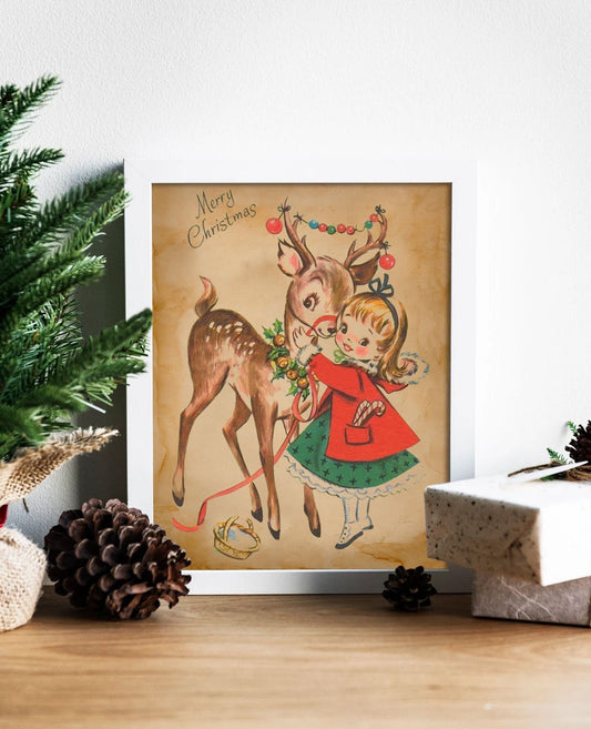 Christmas Vintage Young Girl Hugging a Deer Illustration Art Print, Vintage Christmas, Vintage Christmas Illustration, Christmas Art
