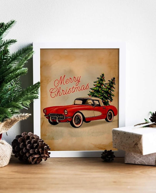 Christmas Vintage Classic Car with Christmas Trees Art Print, Vintage Christmas, Classic Christmas Print, Vintage Christmas Illustration