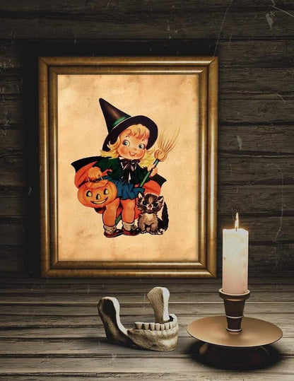 Halloween Vintage Young Witch With Black Cat Art Print, Vintage Halloween, Vintage Halloween Illustration, Vintage Halloween