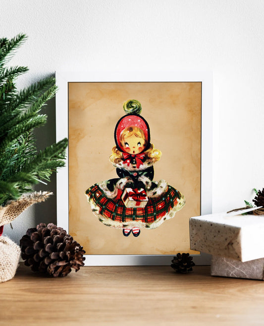Christmas Vintage Cute Girl in Holiday Dress Illustration Art Print, Vintage Christmas, Vintage Christmas Illustration, Christmas Art