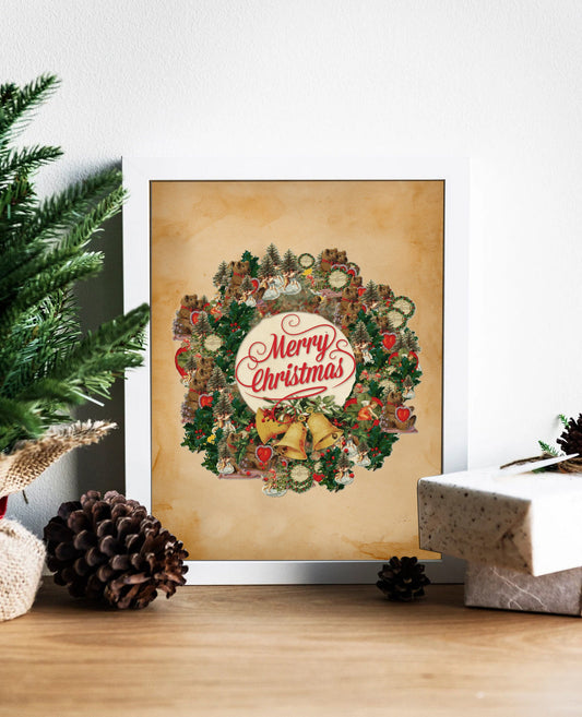 Vintage Christmas Wreath Illustration Art Print, Vintage Christmas Wall Art, Vintage Christmas Wall Decor, Pretty Christmas Wreath