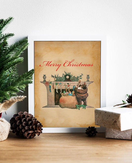Vintage Christmas Classic Santa Filling Stockings Illustration Art Print, Santa Wall Art, Christmas Decor, Vintage Santa, Vintage Holiday