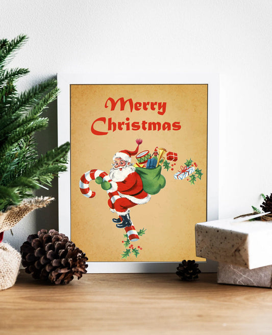Christmas Vintage Santa with Green Bag of Toys Art Print, Vintage Christmas, Santa Candy Cane, Santa Claus Art, Vintage Santa, Christmas Art