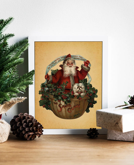 Christmas Vintage Santa with Dog in Basket Art Print, Vintage Christmas, Santa and Dog, Santa Claus Art, Vintage Santa, Christmas Art