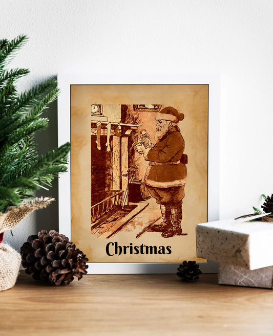 Vintage Christmas Santa by the Fireplace Illustration Art Print, Vintage Christmas, Vintage Santa Art, Vintage Christmas Decor, Santa Wall
