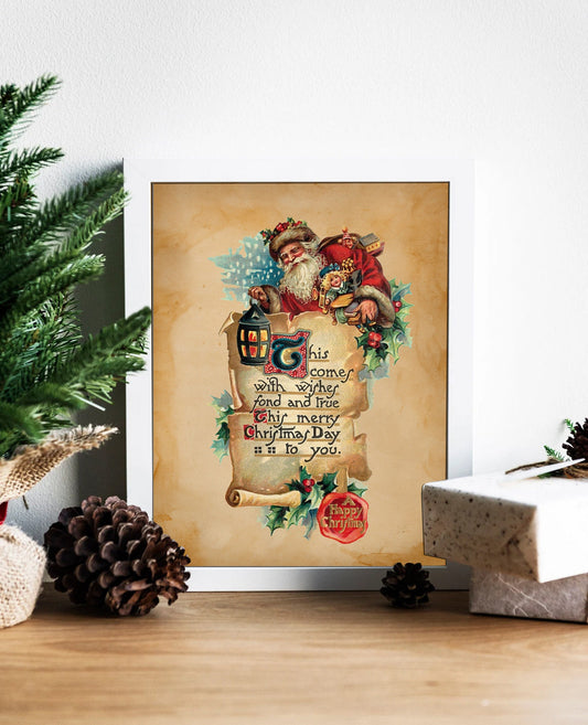 Vintage Christmas Santa Greetings Illustration Art Print, Vintage Christmas, Christmas Wall Decor, Christmas Wall Art, Vintage Santa Art