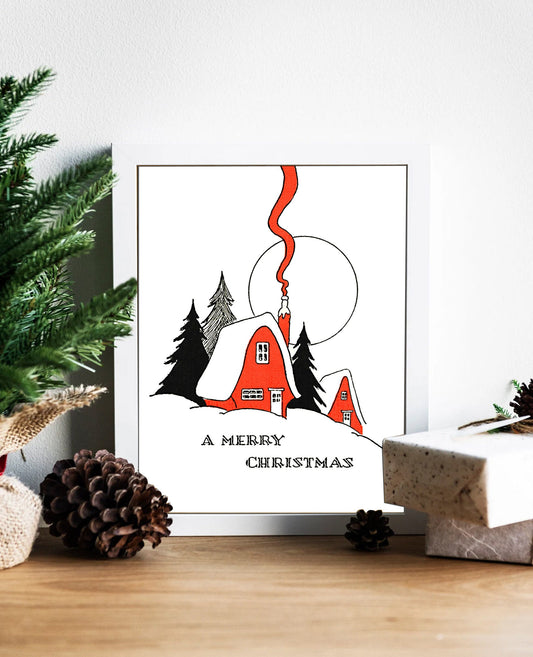 Christmas Vintage Winter Snow Home Illustration Art Print, Christmas Home Decor, Christmas House, Snowy House, White Christmas, Vintage Art