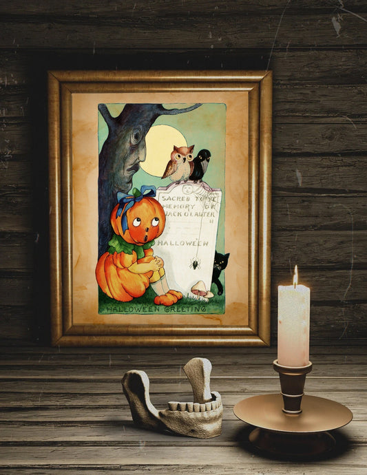 Halloween Vintage Pumpkin in Cemetery Art Print, Vintage Halloween, Halloween Cat, Pumpkin Art, Halloween Vintage Illustration, Vintage Art
