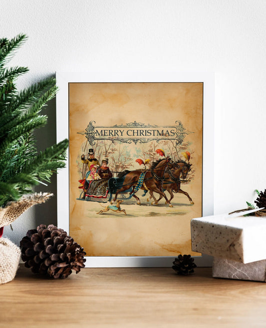 Christmas Vintage Family on Sleigh Art Print, Vintage Christmas, Santa Sleigh, Victorian Christmas, Vintage Christmas Decor, Christmas Art