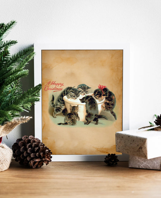Vintage Christmas Kittens Illustration Art Print, Christmas Cat, Vintage Christmas, Christmas Decor, Christmas Wall Decor, Christmas Kittens