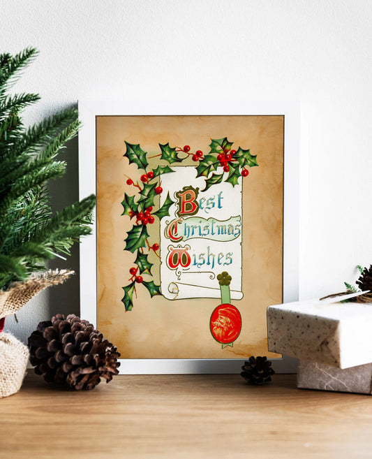 Christmas Vintage Best Christmas Wishes Art Print, Vintage Christmas, Classic Christmas, Christmas Holly, Vintage Art, Christmas Wall Decor