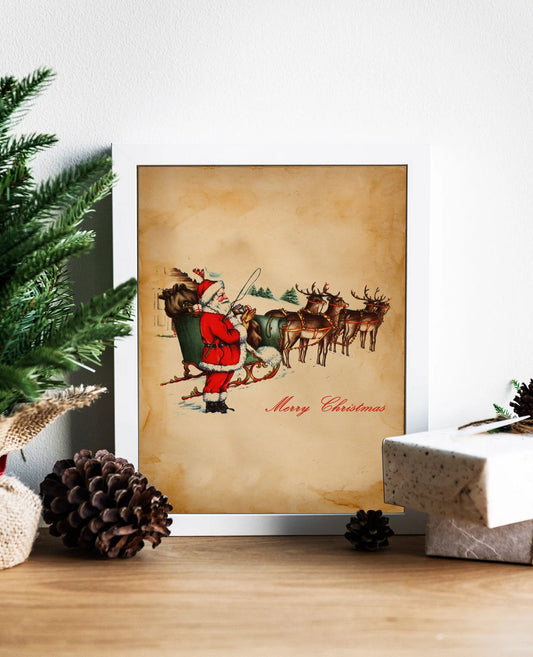 Christmas Vintage Santa with Sleigh and Reindeer Art Print, Vintage Christmas, Santa Sleigh, Santa Claus Art, Vintage Santa, Christmas Art