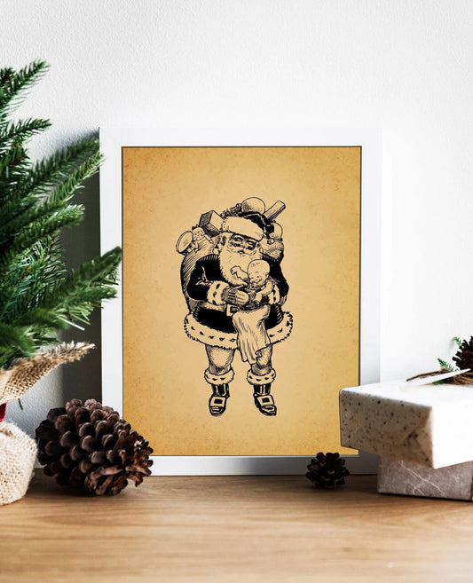 Christmas Vintage Santa Claus and Child Art Print, Vintage Christmas, Classic Christmas, Christmas Santa, Vintage Santa, Santa Illustration