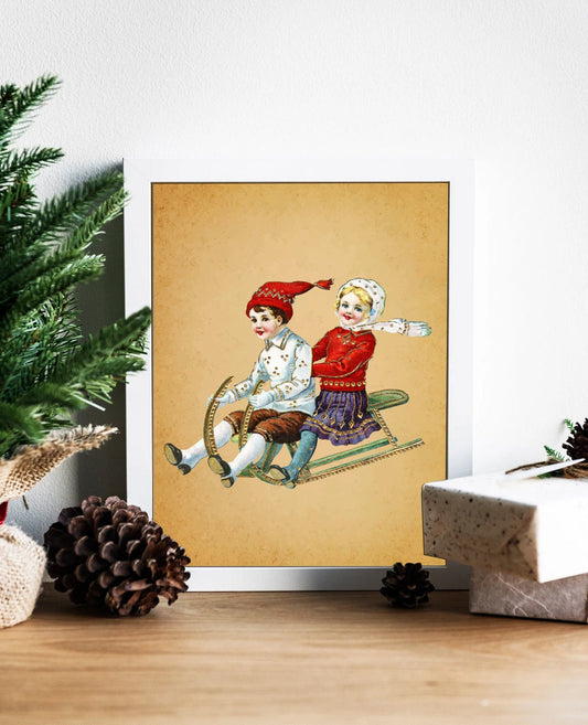 Christmas Children On A Sled Illustration Art Print, Vintage Christmas, Vintage Illustration, Merry Christmas, Christmas Decor, Boy and Girl