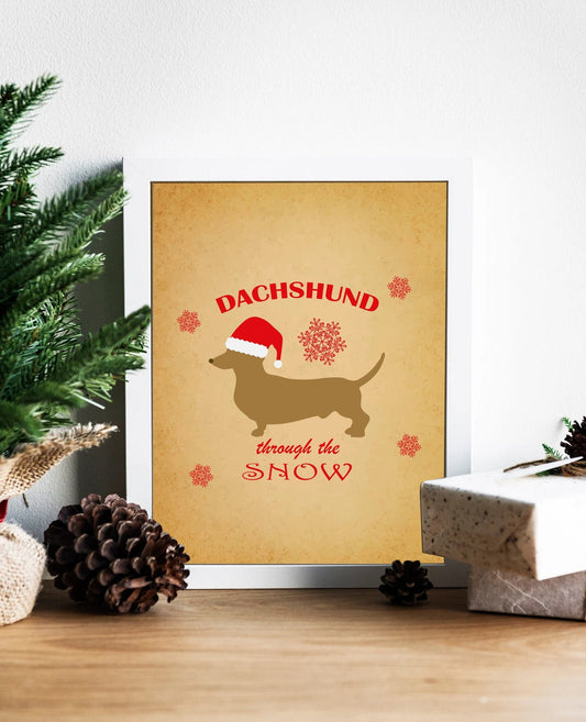 Christmas Dachshund Through the Snow Art Print, Christmas Dog, Dog Art, Dog Wearing Santa Hat Art, Dachshund Art, Christmas Art, Dog Print