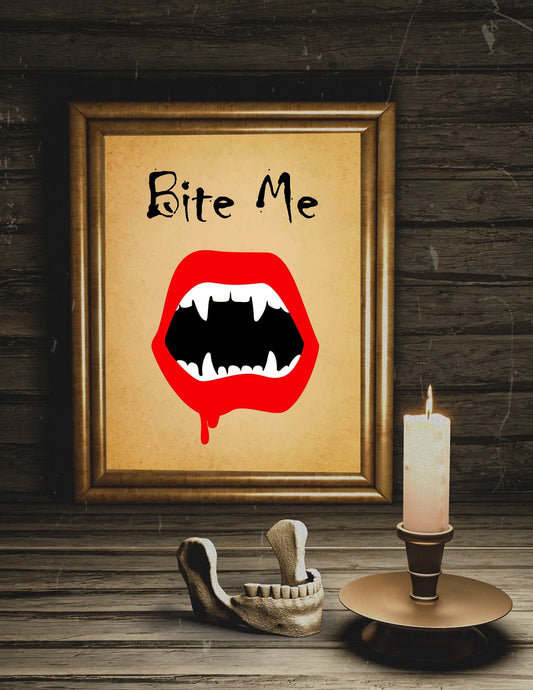 Halloween Vintage Bite Me Art Print, Vampire Bite Art, Vampire Teeth, Halloween Decor, Red Lips Art, Vintage Halloween, Cool Halloween Decor