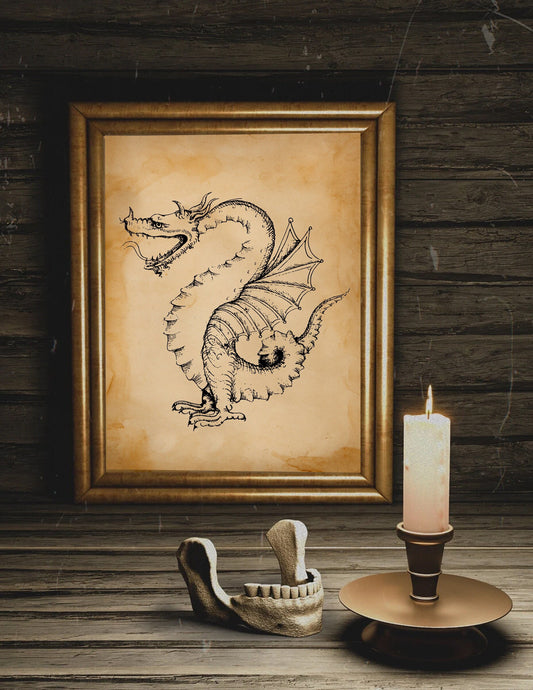 Vintage Dragon Illustration Art Print, Oriental Art, Dragon Art, Chinese Wall Decor, Halloween Decor, Dragon Drawing, Dragon Illustration