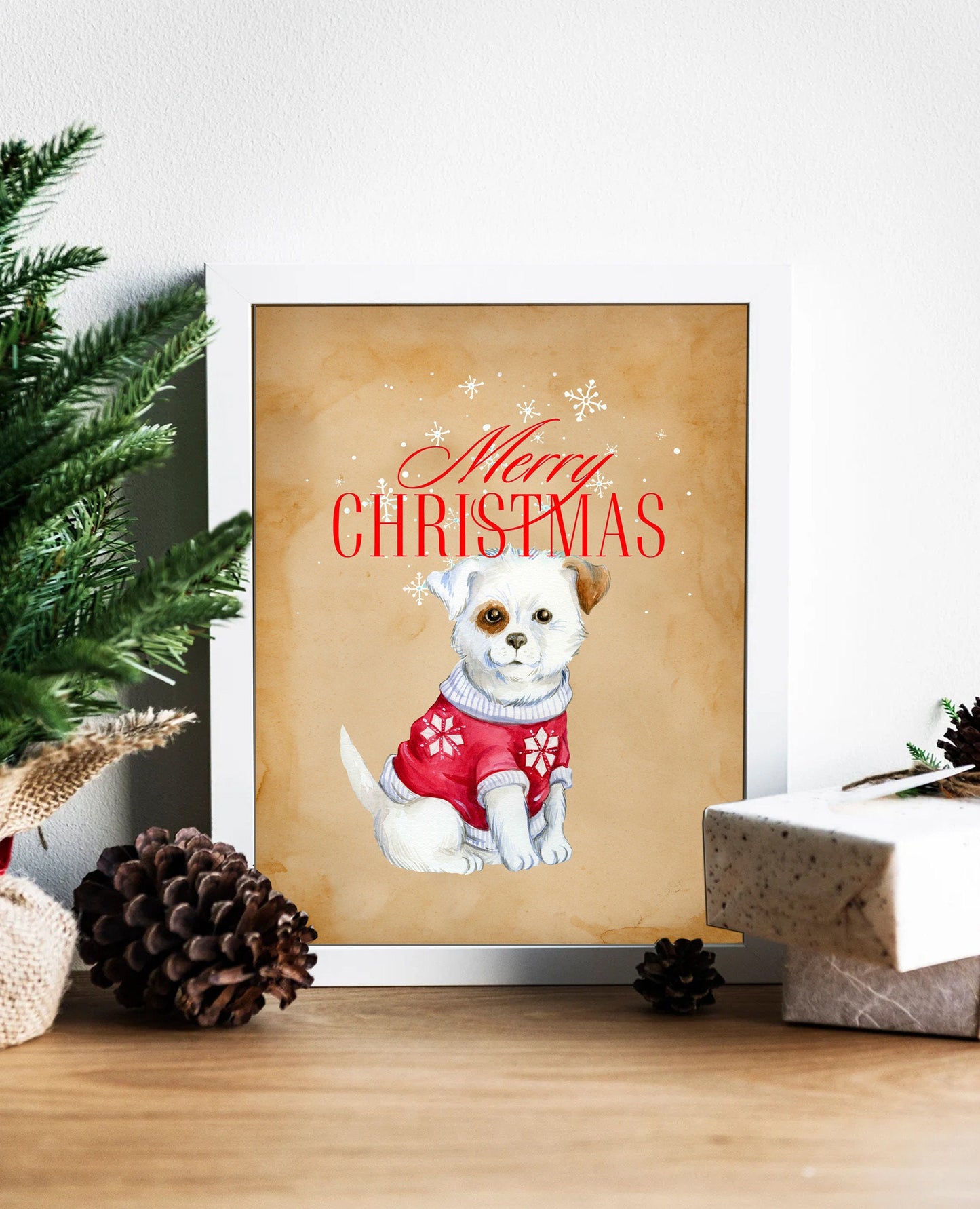 Christmas Vintage White Puppy Art Print, Christmas Dog, Vintage Dog, Vintage Christmas Art, Christmas Art, Dog Print, Puppy Art, Cute Puppy