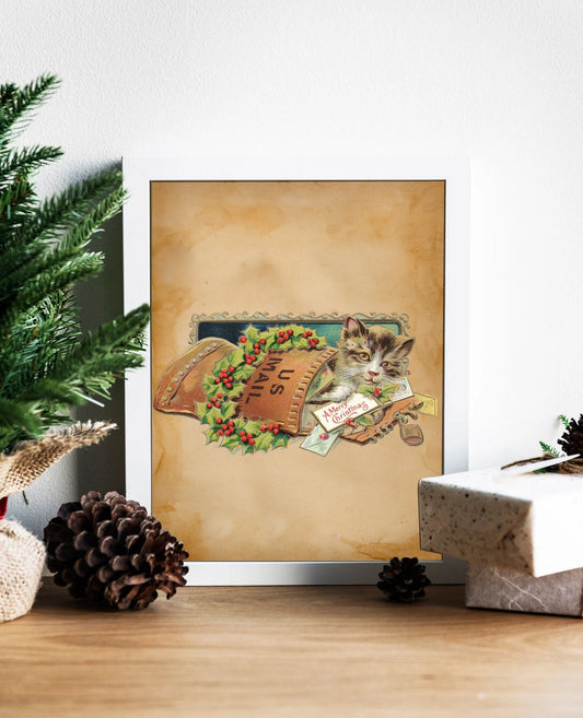 Vintage Cat US Mail Christmas Illustration Art Print, Christmas Cat, Cat Wall Decor, Cat Wall Art, Christmas Pet Card, Cute Cat Art, Cat Art
