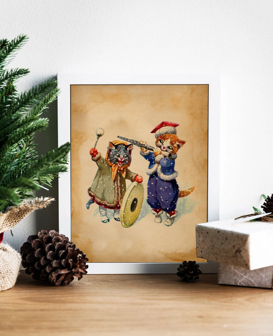 Vintage Christmas Cats Playing Music Illustration Art Print, Christmas Cat, Vintage Christmas, Christmas Decor, Christmas Music, Cat Music