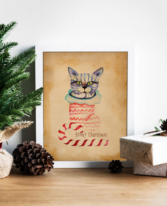 Vintage Christmas Cat in Stocking Illustration Art Print, Vintage Cat, Vintage Christmas Art, Christmas Stocking, Pet Christmas, Cat Art