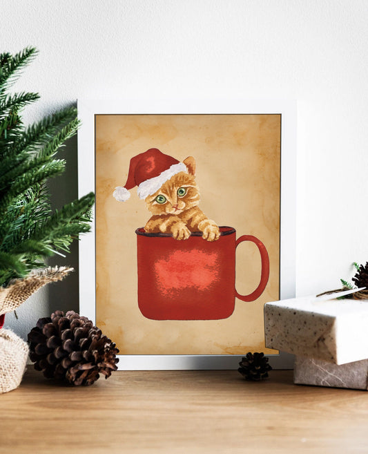 Christmas Vintage Cat in Cup Illustration Art Print, Cat Cup, Vintage Cat, Vintage Christmas Art, Christmas Cat Art, Pet Christmas, Cat Art