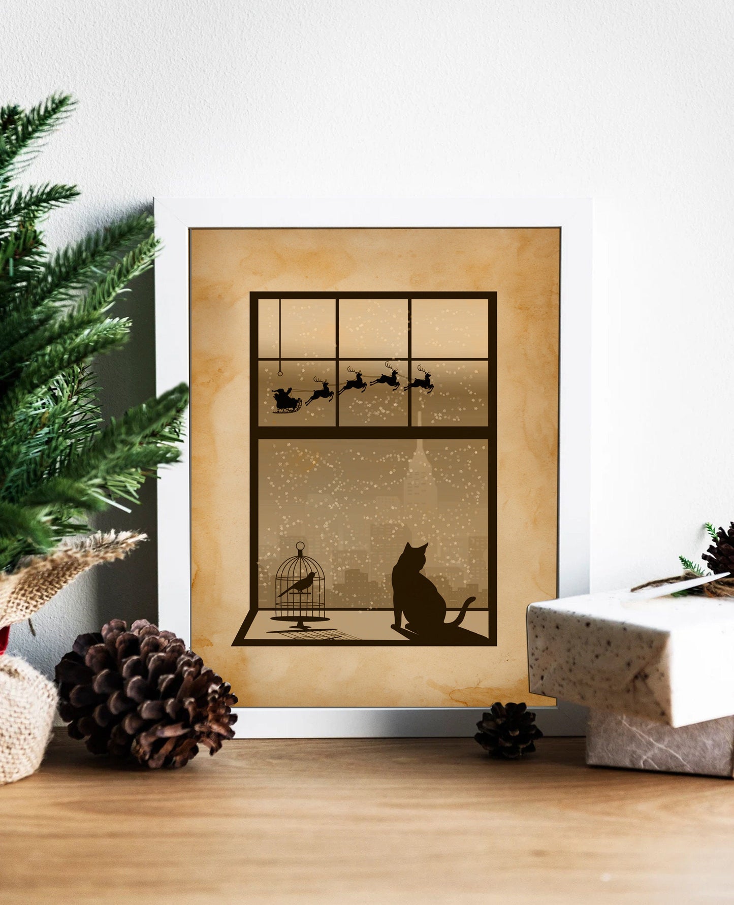 Vintage Cat Looking Out Window at Santa in Sleigh with Reindeer Illustration Art Print, Vintage Christmas, Christmas Cat Art, Cat Silhouette