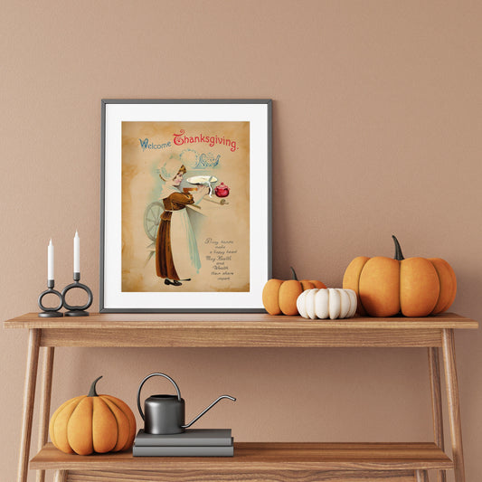 Vintage Thanksgiving Young Girl Baking Pie Illustration Art Print, Vintage Thanksgiving, Vintage Fall Decor, Autumn Decor, Thanksgiving Art