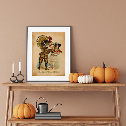 Vintage Thanksgiving Boy and Girl Illustration Art Print, Vintage Thanksgiving, Vintage Fall Decor, Autumn Decor, Thanksgiving Art