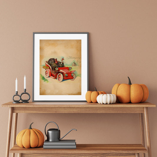 Vintage Thanksgiving Turkeys Driving a Car Illustration Art Print, Vintage Thanksgiving, Vintage Fall Decor, Autumn Decor, Thanksgiving Art