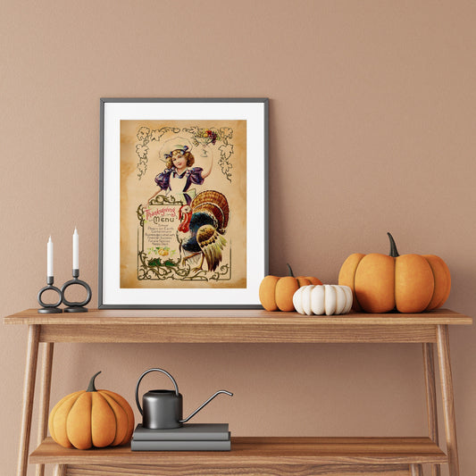 Vintage Thanksgiving Menu Illustration Art Print, Vintage Thanksgiving, Vintage Fall Decor, Autumn Decor, Thanksgiving Art, Turkey Art