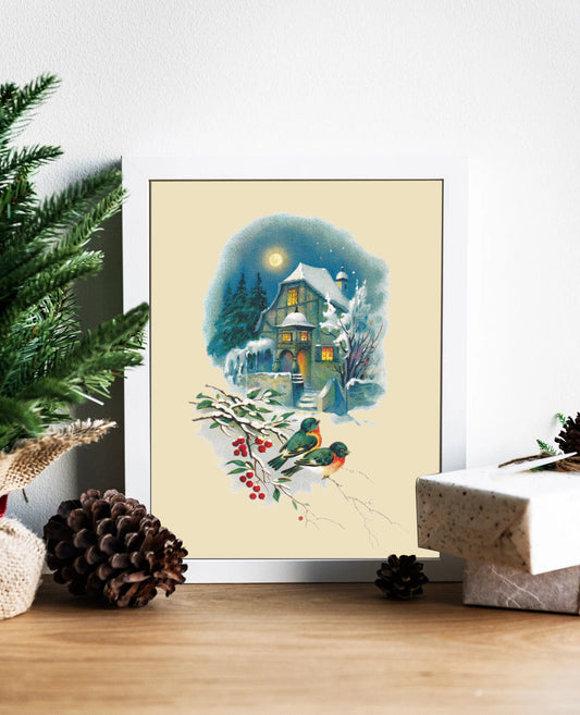 Christmas Vintage Winter Birds Illustration Art Print