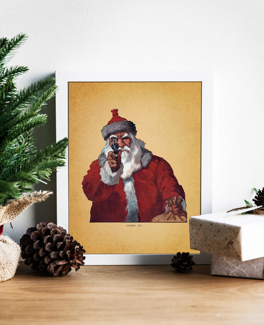 Vintage Christmas Santa Robber Illustration Art Print, Hands Up, Funny Christmas Wall Decor, Bad Santa, Santa Art, Santa Wall Art