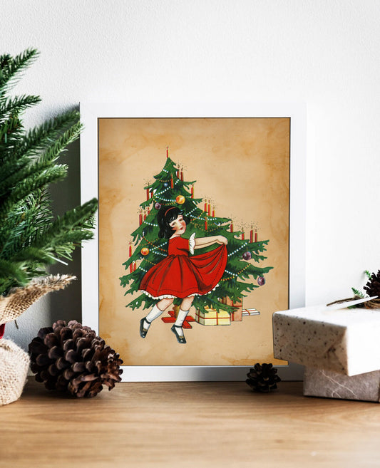 Christmas Vintage Girl in Red Dress in Front of a Christmas Tree Illustration Art Print, Vintage Christmas, Vintage Christmas Illustration