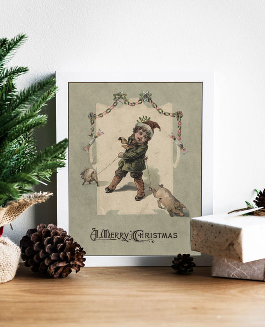 Christmas Vintage Little Boy With Pigs Christmas Illustration Art Print, Vintage Christmas, Vintage Christmas Illustration, Christmas