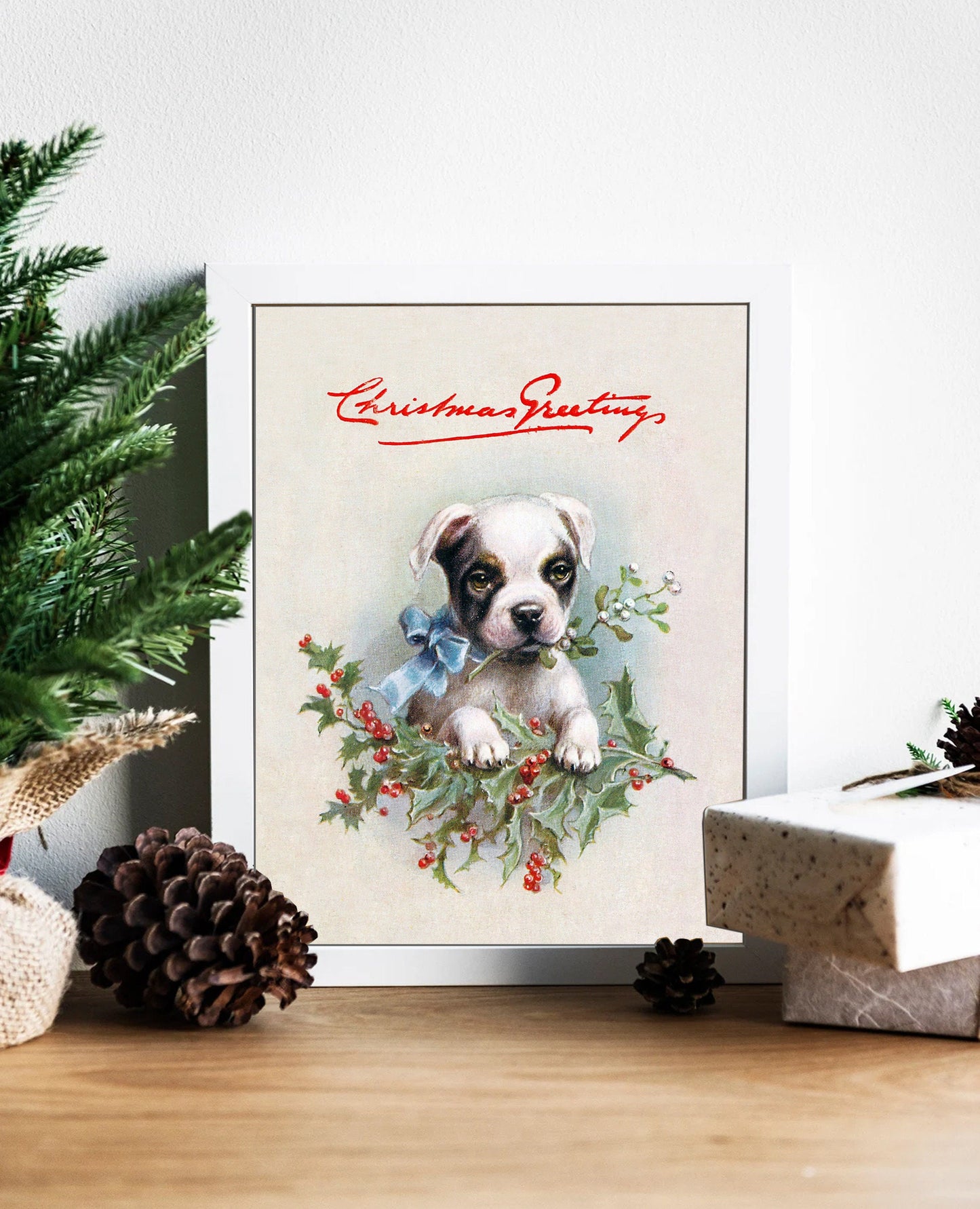 Christmas Puppy Art Print, Christmas Dog, Vintage Dog Art, Vintage Christmas Art, Dog Art, Christmas Art, Dog Print, Puppy Art, Cute Puppy