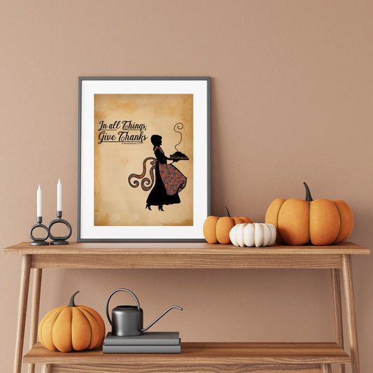 Vintage Christian Thanksgiving Illustration Art Print, Vintage Thanksgiving, Vintage Fall Decor, Thessalonians 5:18, Christian Wall Decor