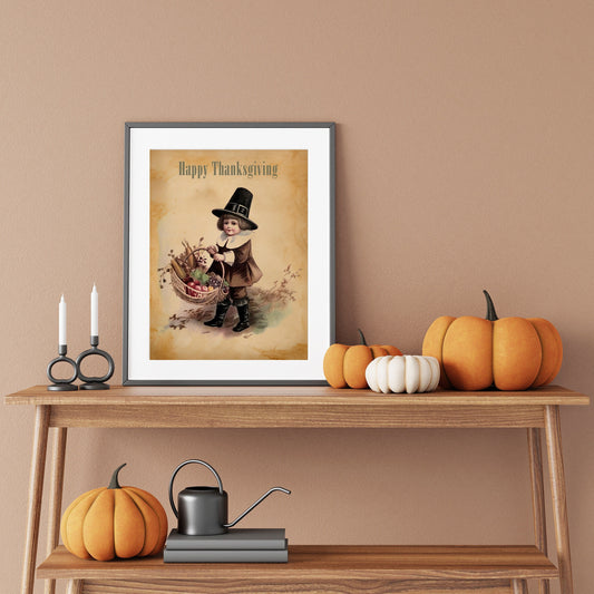 Vintage Thanksgiving Boy with Basket of Food Illustration Art Print, Vintage Thanksgiving, Vintage Fall Art, Thanksgiving Art, Vintage Decor