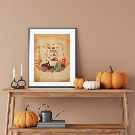 Vintage Thanksgiving Christian Illustration Art Print, In All Things Give Thanks, Boho Fall Decor, Thanksgiving Art, Bible Verse Print