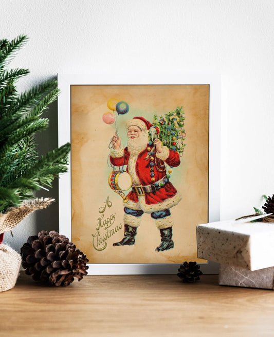 Christmas Santa with Tree and Balloons Illustration Art Print, Vintage Christmas, Vintage Illustrations, Merry Christmas, Christmas Decor