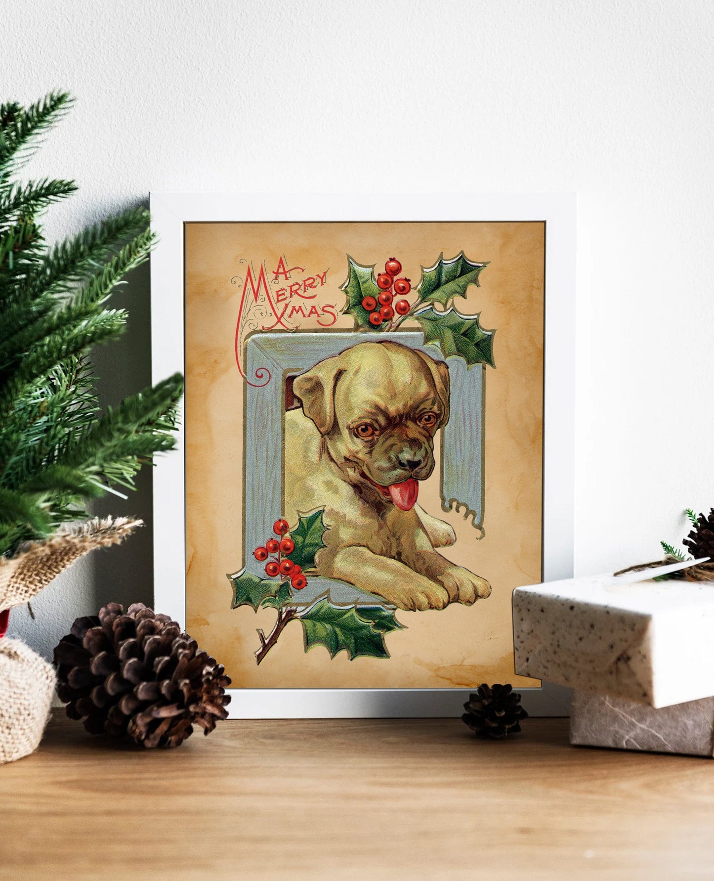 Christmas Vintage Puppy Art Print, Christmas Dog, Vintage Dog Art, Vintage Christmas Art, Christmas Art, Dog Print, Puppy Art, Cute Puppy