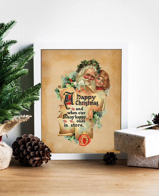 Vintage Christmas Santa and Girl Illustration Art Print, Happy Christmas, Christmas Wall Decor, Christmas Wall Art, Vintage Christmas Art
