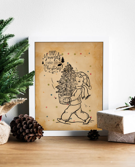 Christmas Vintage Girl Carrying Christmas Illustration Art Print, Vintage Christmas, Vintage Christmas Illustration, Christmas Art