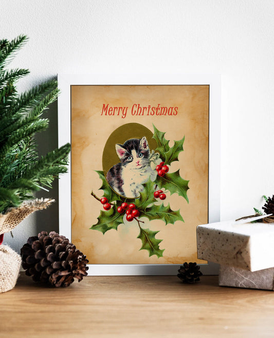 Vintage Cat Merry Christmas Illustration Art Print, Christmas Cat, Vintage Christmas, Christmas Decor, Christmas Wall Decor, Christmas Wall