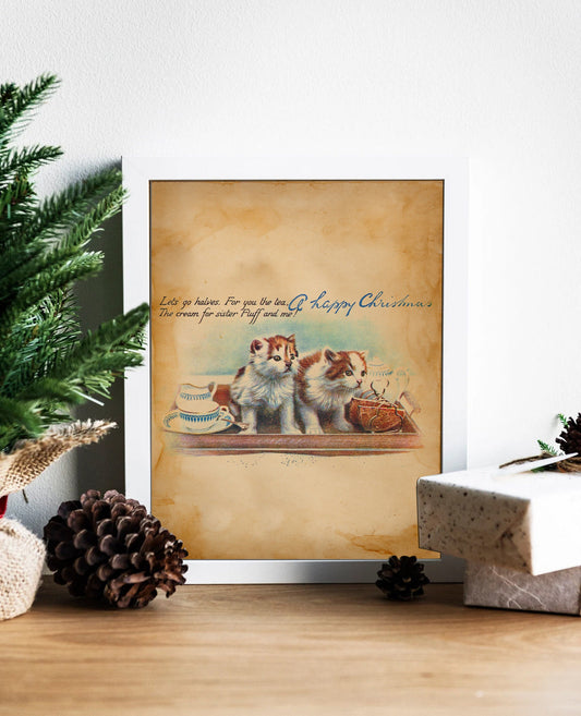 Vintage Christmas Kittens and Tea Illustration Art Print, Christmas Cat, Vintage Christmas, Christmas Decor, Christmas Kittens, Cup of Tea